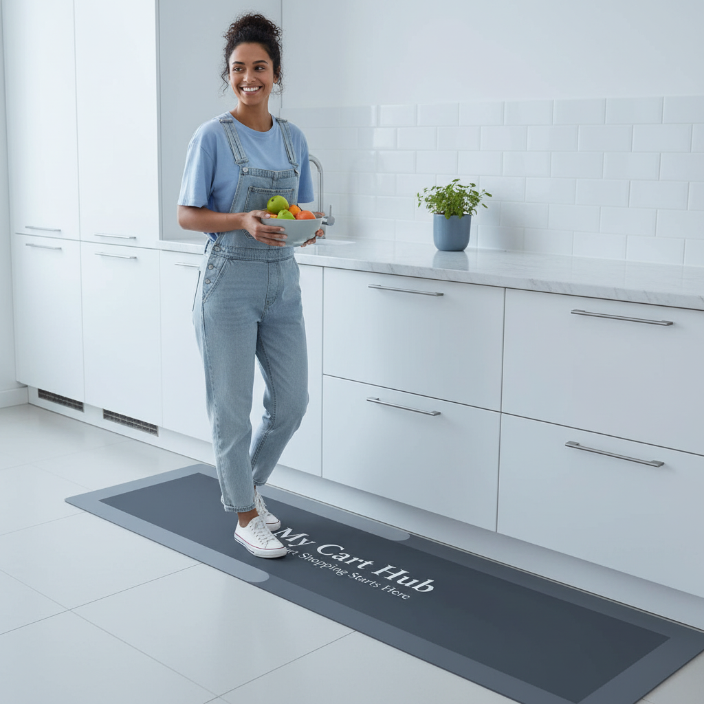 A person stands on a "My Cart Hub Smart Shopping Starts Here" no-slip kitchen mat, smiling, in a modern kitchen setting.