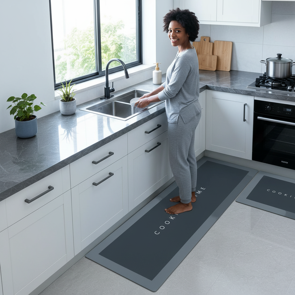 Person standing on a My Cart Hub premium no-slip kitchen mat in a modern kitchen, highlighting its cushioned surface.