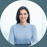 Portrait of Elena Rodriguez, a smiling woman, against a clean white background, exuding comfort and satisfaction.