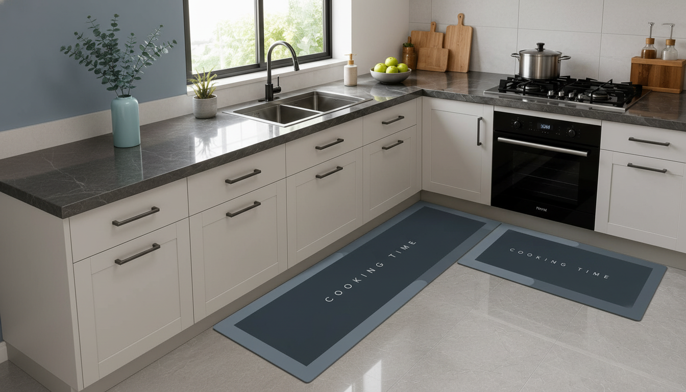 A modern kitchen with a premium no-slip mat on the floor near a sink, under natural light.