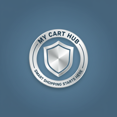 My Cart Hub trust badge with a stylized shield icon, metallic finish, on a slate blue background.