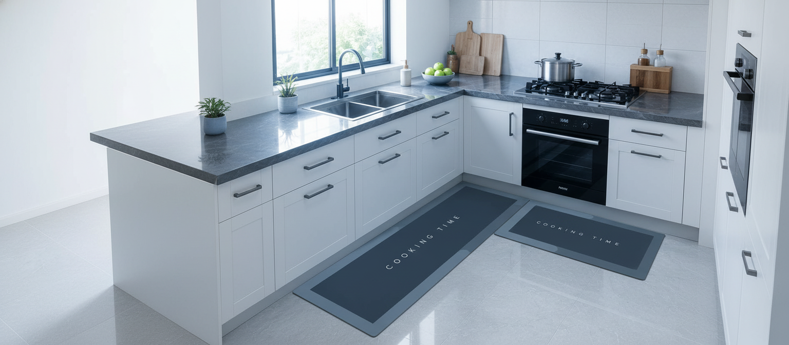 A modern kitchen with a slate blue anti-slip mat at a white kitchen island, illuminated by soft natural light for a comfortab