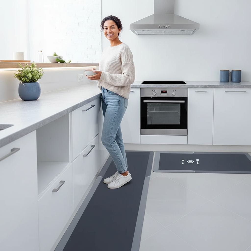 A smiling young woman stands in a modern kitchen with a no-slip mat on the floor, showcasing its comfort and design.