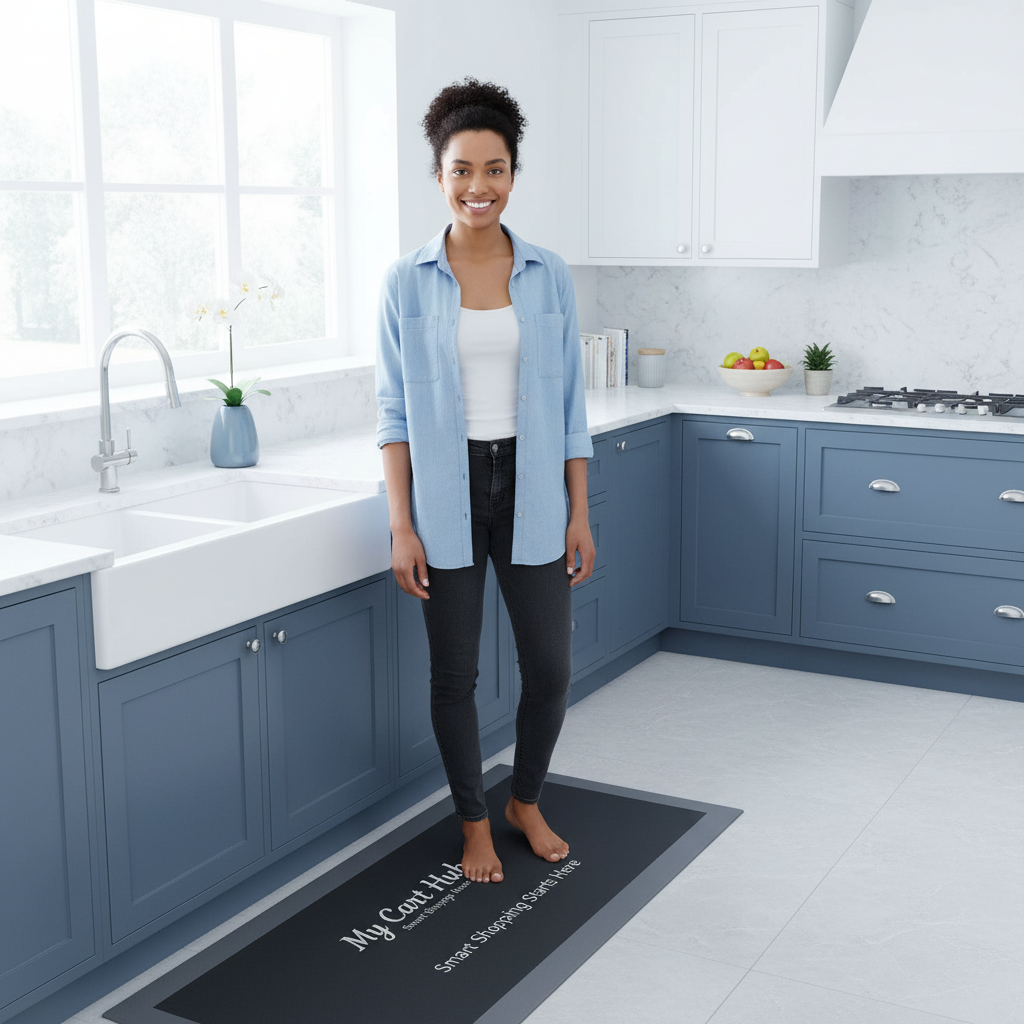 A person stands on a My Cart Hub no-slip kitchen mat, smiling in a modern kitchen, showcasing its cushioned surface.