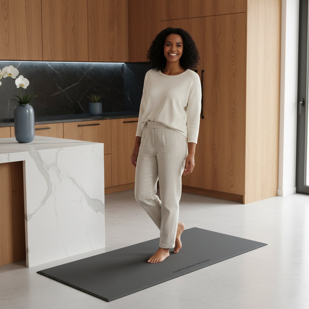 A person smiles while standing on a 'My Cart Hub Smart Shopping Starts Here' no-slip kitchen mat in a modern kitchen setting.
