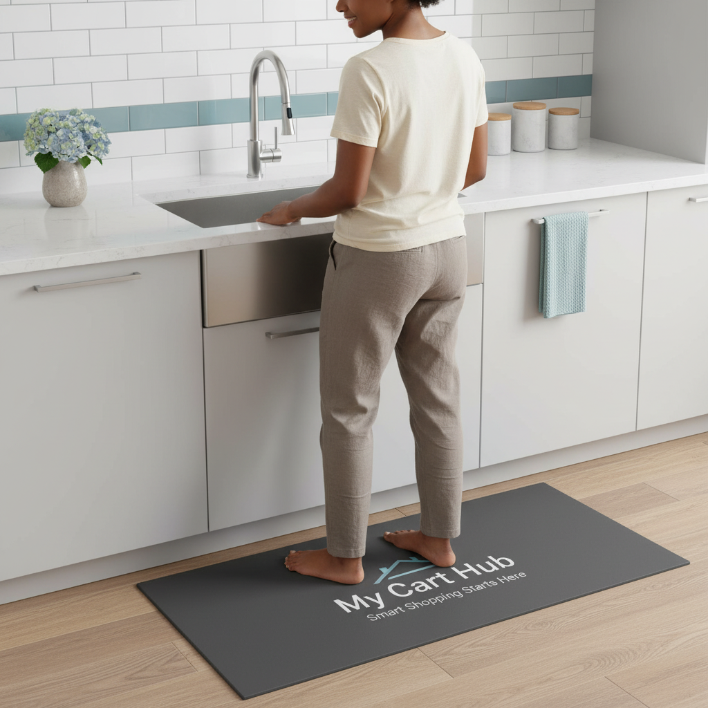 Person of color standing on a "My Cart Hub" no-slip kitchen mat near a modern kitchen sink, showing the mat's cushioned surfa