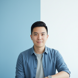 Close-up editorial portrait of Alex Chen, a young man with short dark hair, smiling and looking at the camera. He wears a cas