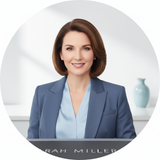 Circular portrait of Sarah Miller, a woman with dark hair, smiling confidently against a bright white background.